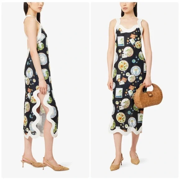 New! FARM RIO Souvenir Wave Midi Linen Dress 🧳☀️🌊 XS NWT! - Picture 8 of 16
